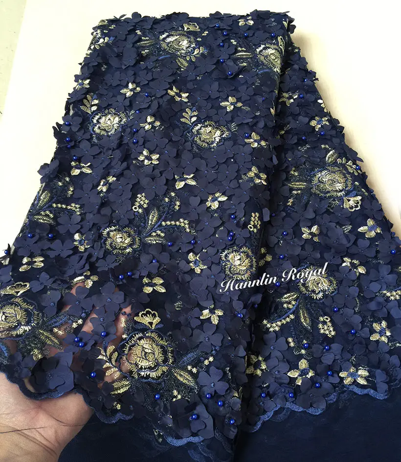 Navy Blue Gold soft french lace African Tulle lace fabric with Allover Appliques beads sequins high quality 5 yards