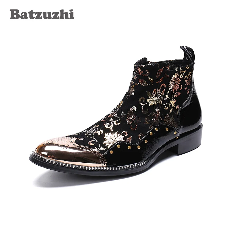 Batzuzhi Italiaanse Type Herenschoenen Puntige Metalen Neus Zwart Lederen Enkellaarsjes Botas Hombre Designer's Party Prom Boots Man, US6-12