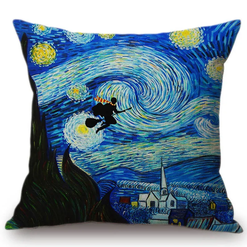 Van Gogh Starry Night Oil Painting Funny Art Castle Witch Home Decor Pillow Cover Tardis Peter Pan Creative Linen Cushion Cover