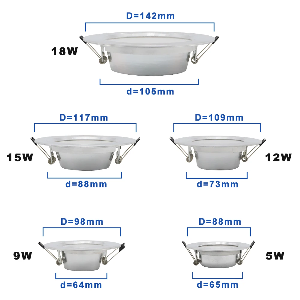 180-260V led typu downlight srebrzyste lampy sufitowe 5W 9W 12W 15W 18W biały/ciepły biały okrągły wbudowana lampa led powłoka aluminiowa chłodzenie