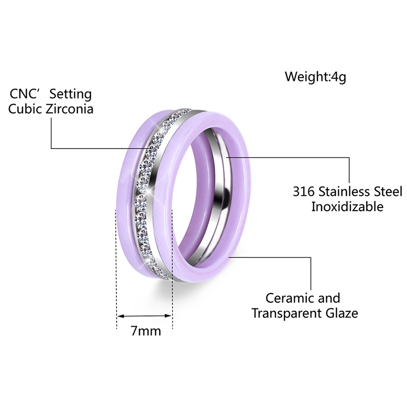 3pcs/Pack Stainless Steel Three Rings For Lady Paved CZ Zircon Luxury Princess Women Engagement Ceramic Ring Purple Jewelry