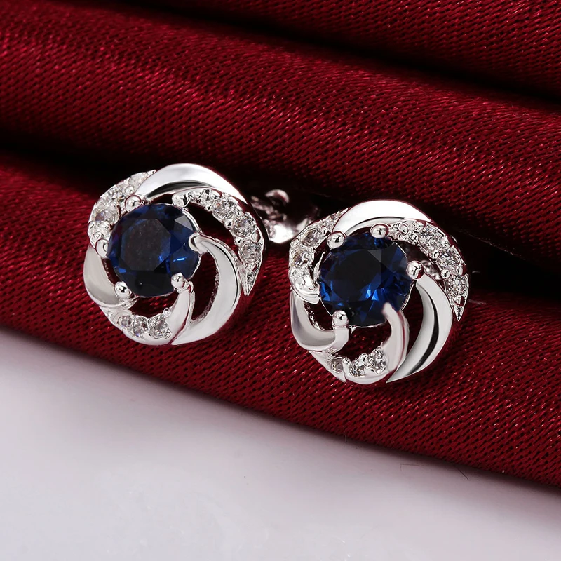 

Stud Earrings Deep Blue Cubic Zirconia Silver Color Plated Fashion Earrings For Women Jewelry AE2013