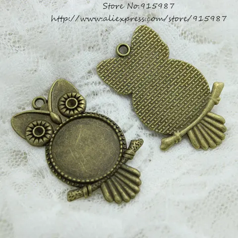 Zoete Bell (15 Stuks/partij) Twee Kleur Metalen Uil 29*44Mm (Fit 20Mm) ronde Cabochon Hanger Instellen Vintage Blank Charms