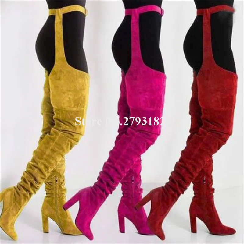 

Newest Women Sexy Pointed Toe Suede Leather Over Knee Waist High Chunky Heel Boots Super Thigh High Belt Long Thick Heel Boots