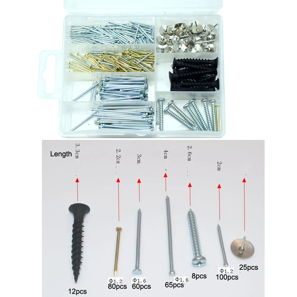 290pcs Household Steel Tapping Nails Pushpins Assortment Set Kit