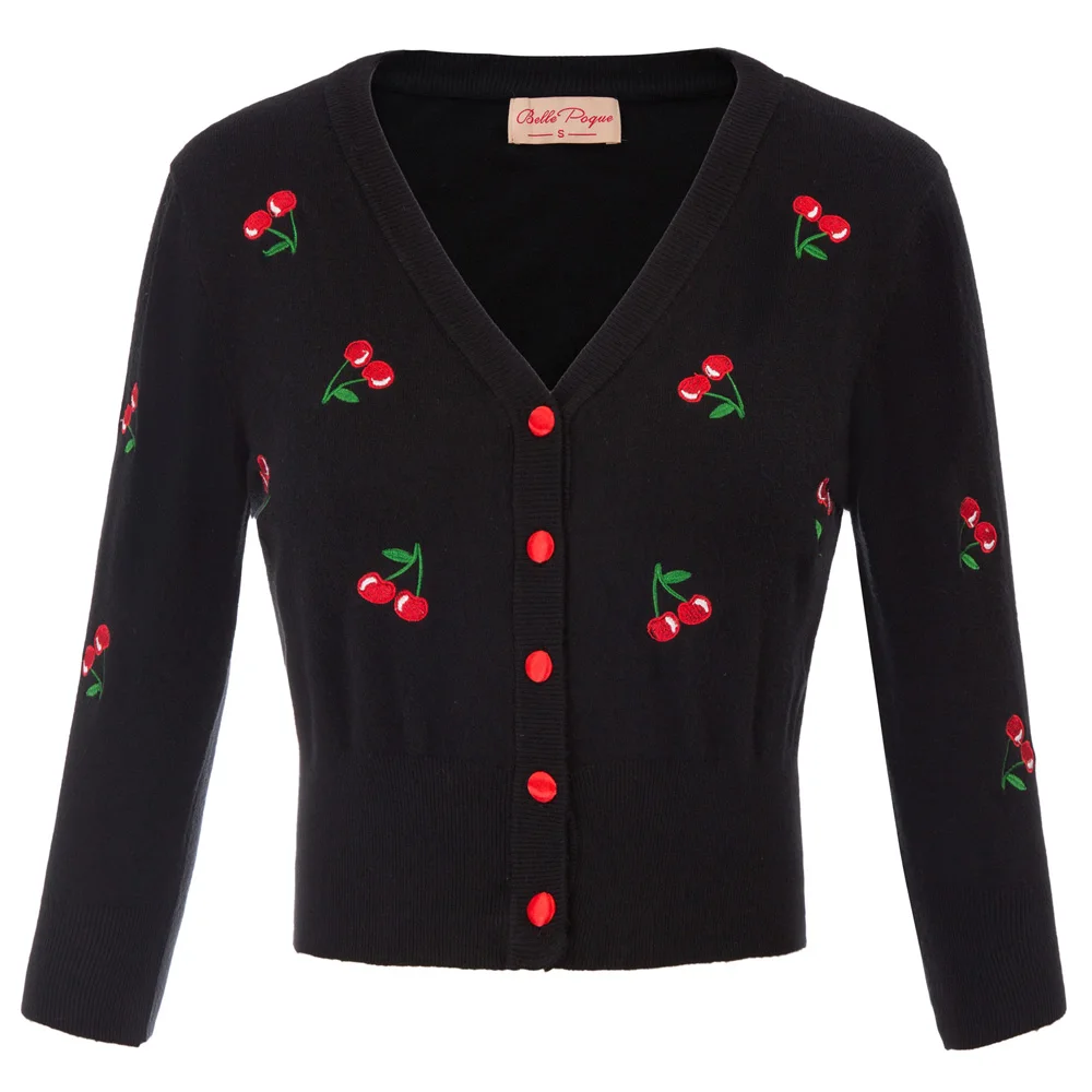 

Belle Poque Women Jackets Cardigans Tops Autumn Spring Cherries Embroidery Jumpers 3/4 Sleeve V-Neck Cropped Knit Coats Knitwear