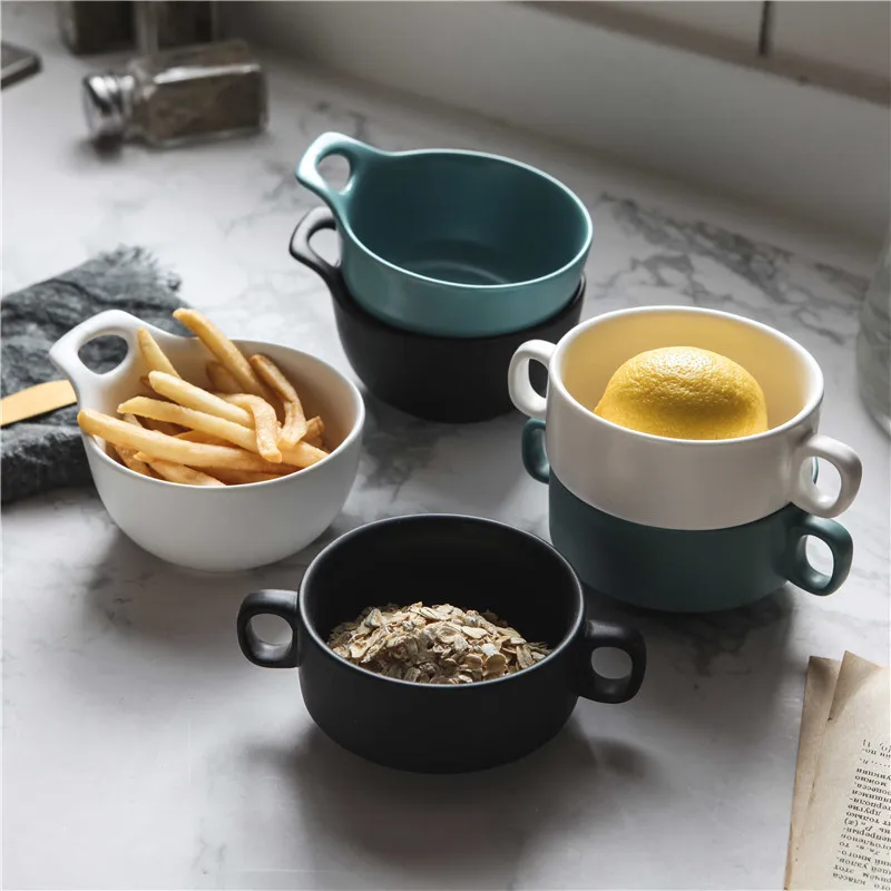 

Creative Nordic Simple Dumb Ceramic Two Ear Soup Bowl Breakfast Steamed Egg Bowl Soup Cup Household Western Dessert Soup Bowl