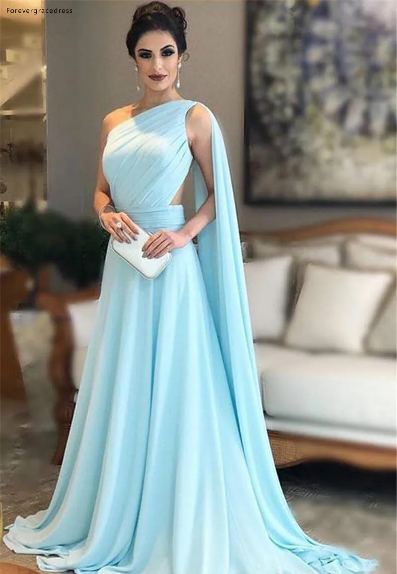 Elegan Satu Bahu Gaun Malam 2019 Saudi Arabia Dubai Garis Liburan Memakai Pesta Prom Gaun Plus Ukuran