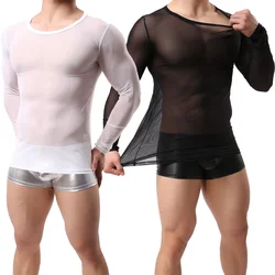 Camisetas sexys de malla para hombre, ropa interior de manga larga, transparente, CLEVER-MENMODE