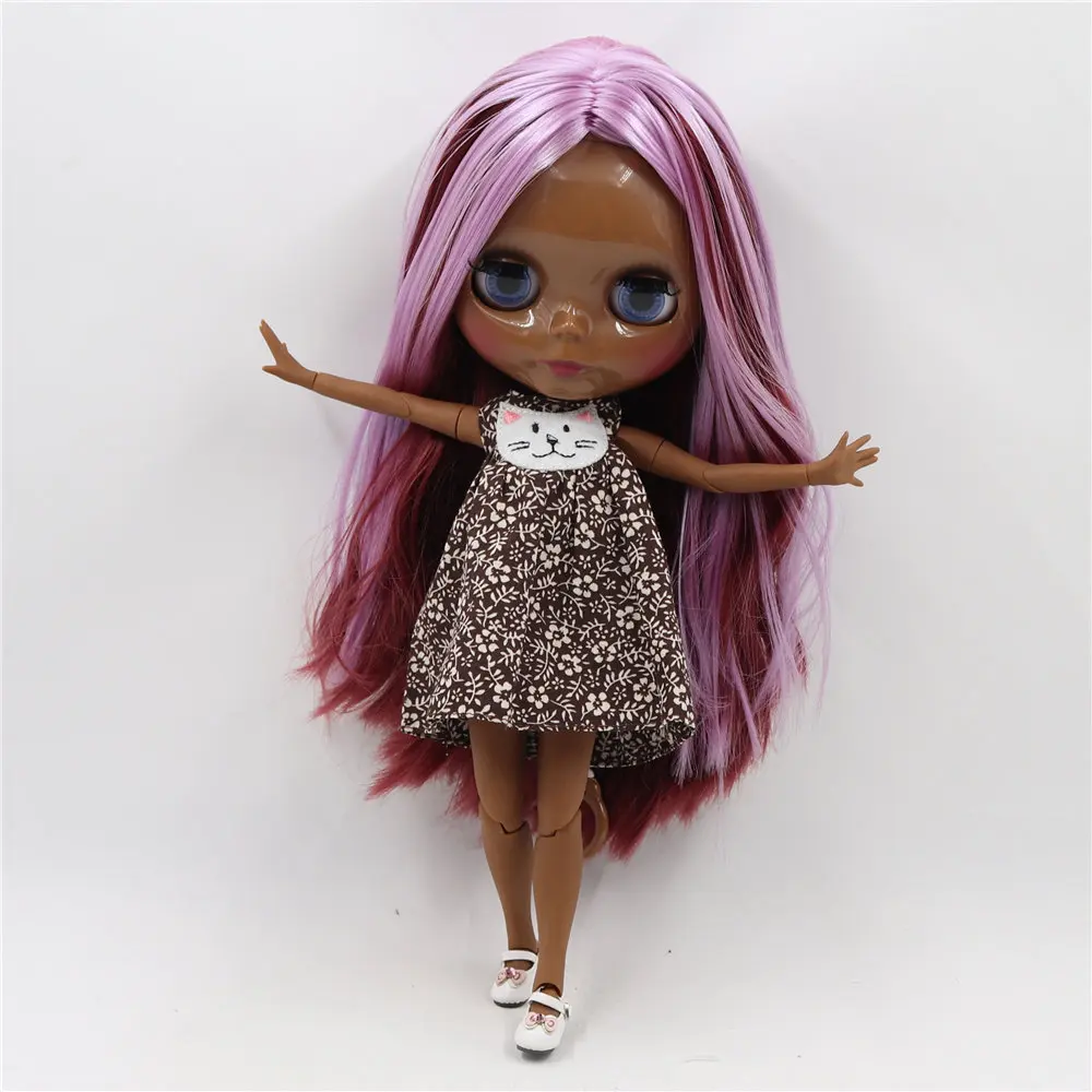 ICY DBS Blyth doll Super dark skin 1/6 30cm bjd joint body black smooth face Purple mixed red hair. No.BL2137/12532