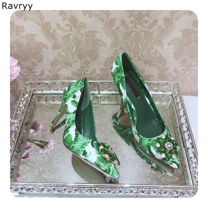 Green Crystal woman\'s high heels leaf print female dress shoes rhinestone sexy pumps pointed toe stiletto slip-on single shoes