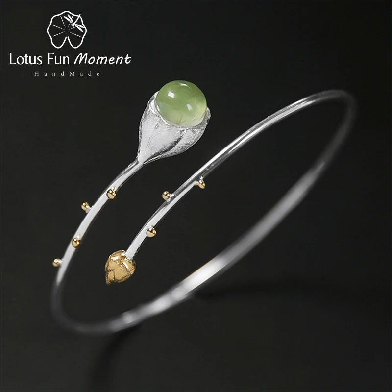 Lotus Fun Moment Real 925 Sterling Silver Natural Stone Handmade Designer Fashion Jewelry Elegant Lotus Buds Bangles for Women