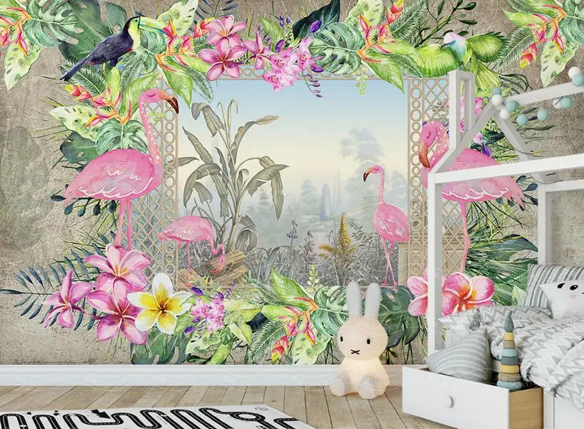 European Photo Wallpaper For Walls 3D flamingo plants Wallpaper Murals Custom Non-woven Wallpaper For Living room