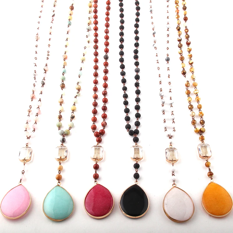 Fashion Bohemian Jewelry 6mm Stones Rosary Chain Crystal Link Stone Drop Pendant Necklaces For Women Ethnic Necklace