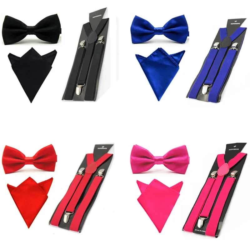 ชายซาติน Bowtie Y-Shape Suspenders ผ้าเช็ดหน้า Pocket Square ชุด BWSET0013