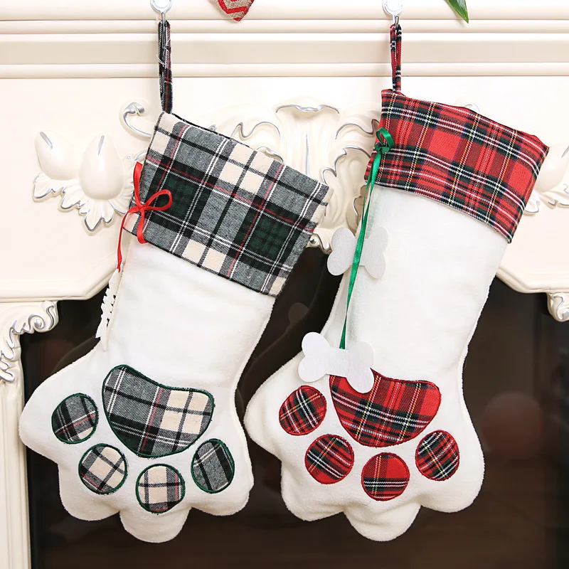 100pcs/lot free shipping Dog plaid Christmas stocking Personalized paw stocking X-mas gift bags animal stocking candy bag