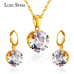 LUXUSTEEL Delicate Jewelry Sets Charm White/Black/Blue/Dark Blue/Pink Color Crystal Pendant Necklace Earring Brinco Wedding