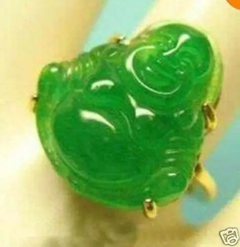 Free shipping Jewelry Smile Belly Buddha Carving Green stone Gilded Women Rings Size 7,8,9