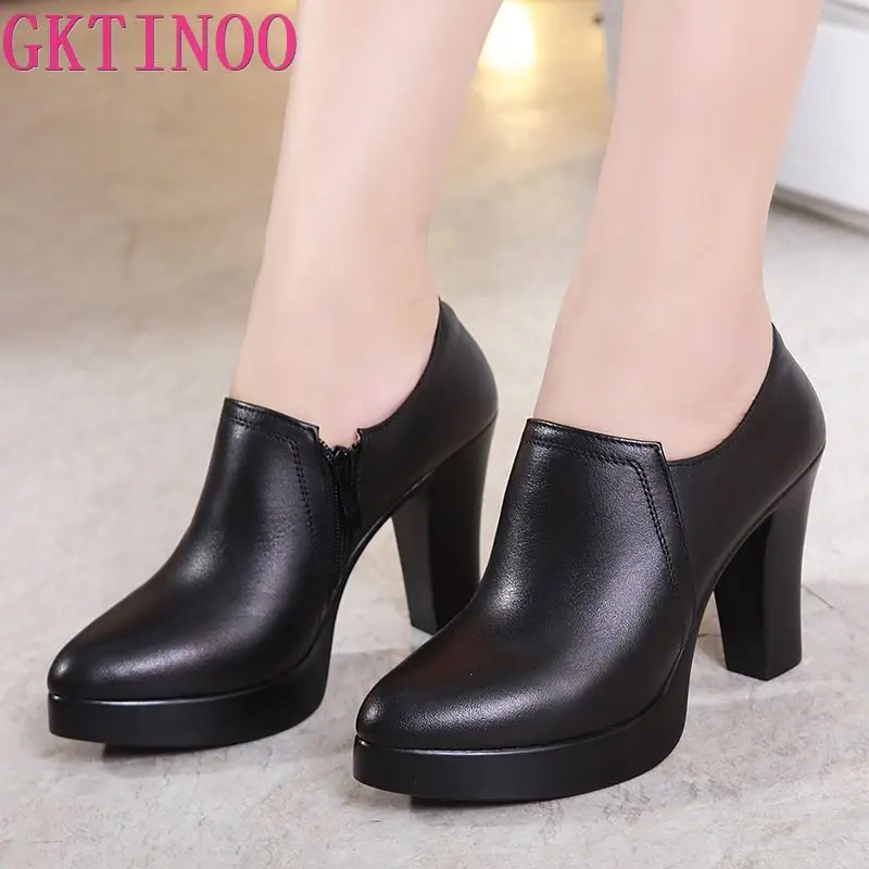 GKTINOO Deep Mouth Pointed Toe Leather Shoes Women Pumps 2024 Autumn Black High Heels Office Shoes Plus size 33-43