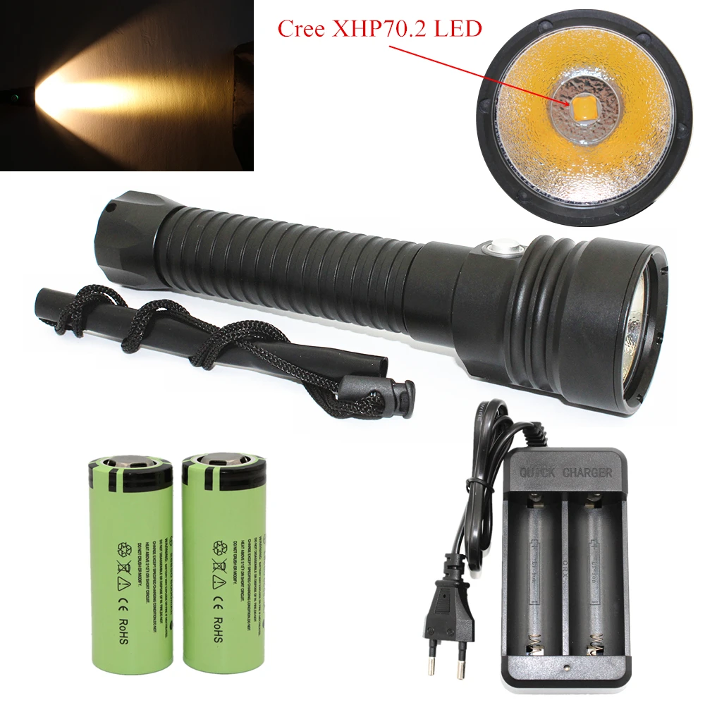 

4000LM XHP70/XHP70.2 LED Flashlight Diving Flashlight Waterproof Tactical Torch White/Yellow Light +26650 battery +Charger