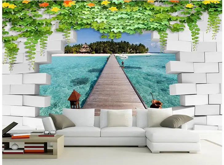 

3d wallpaper for room Brick wall sea background wall 3d landscape wallpaper photo 3d wallpaper