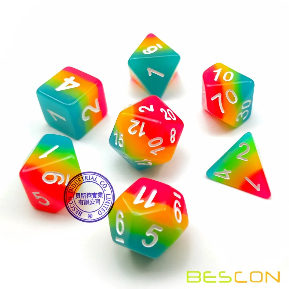 Bescon Fantasie Regenbogen Glowing Polyhedral Würfel 7 stücke Set MITTERNACHT CANDY, Leucht RPG Würfel Set Glow in Dark, neuheit DND Spiel Würfel