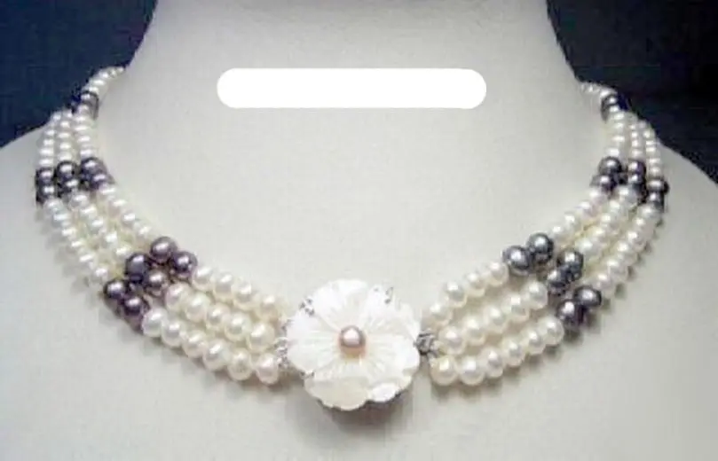 

FREE shipping 3 Rows Real White Black Pearl Shell Flower 18KWGP Clasp Necklace