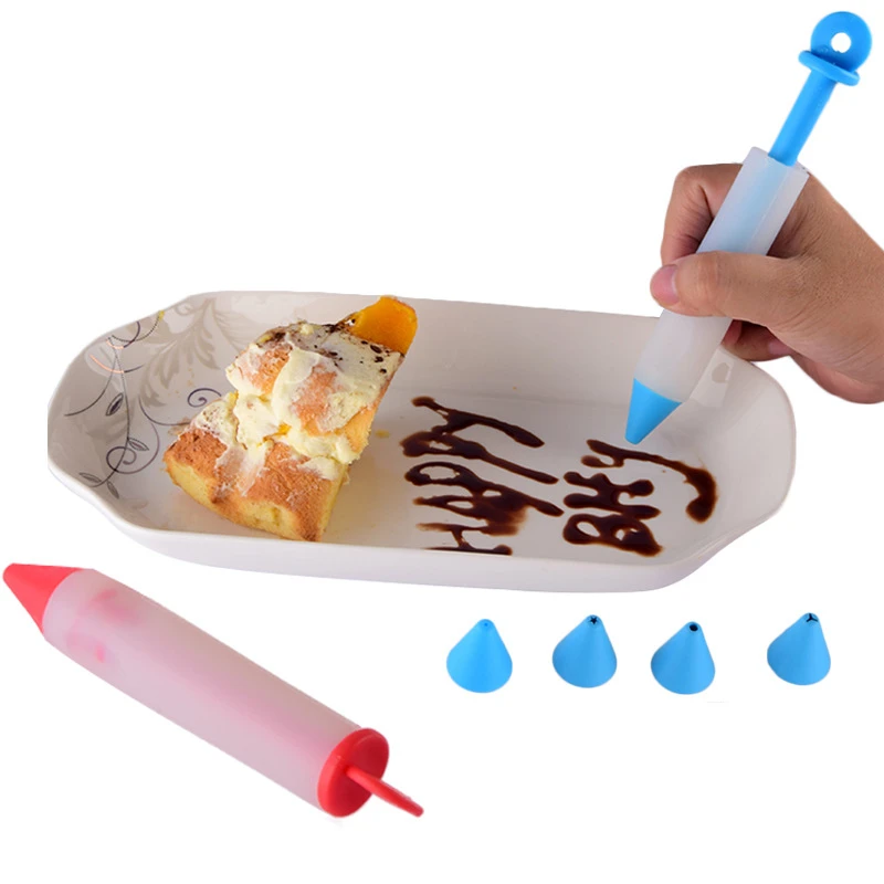 1Set Food Grade Silicone Icing Piping Cream Pastry Nozzles Writing Pen 4 Different Shapes Nozzles Cake Decorating Tools Bakeware