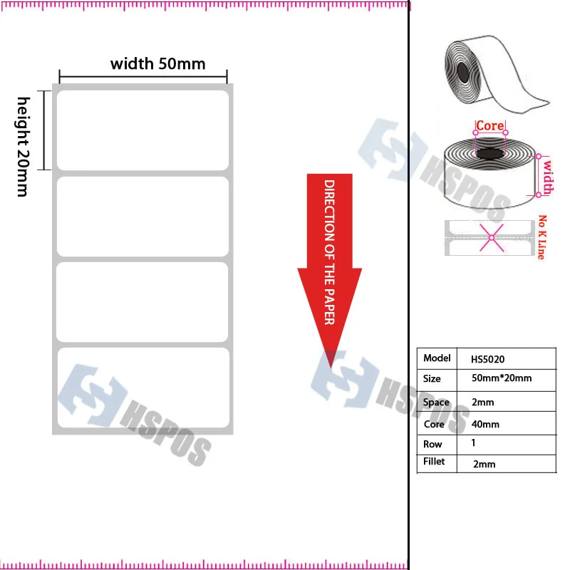 High quality thermal label 50mmx20mm printer sticker paper 600pcs one roll support customized logo self adhesive printing papel