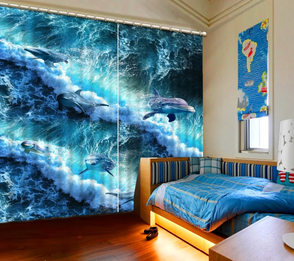 customize 3d stereoscopic curtains Wave dolphin long curtain for the living room bedroom modern curtains