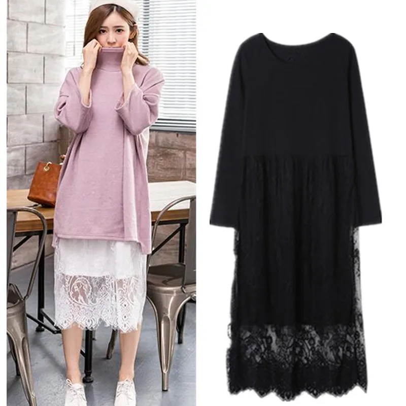 

Korean Spring new style lace modal patchwork high waist long sleeve Elegant Vintage dress, black white lace dress