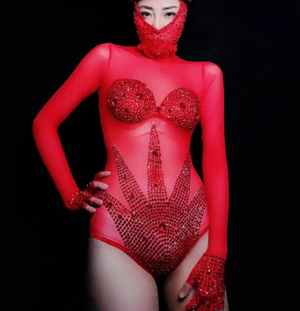 Sexy Sparkly Red Rhinestone Mesh Bodysuit Performance Dance Outfit Women Bar Dance Stage Party Sexy Costume Celebrate Bodysuit