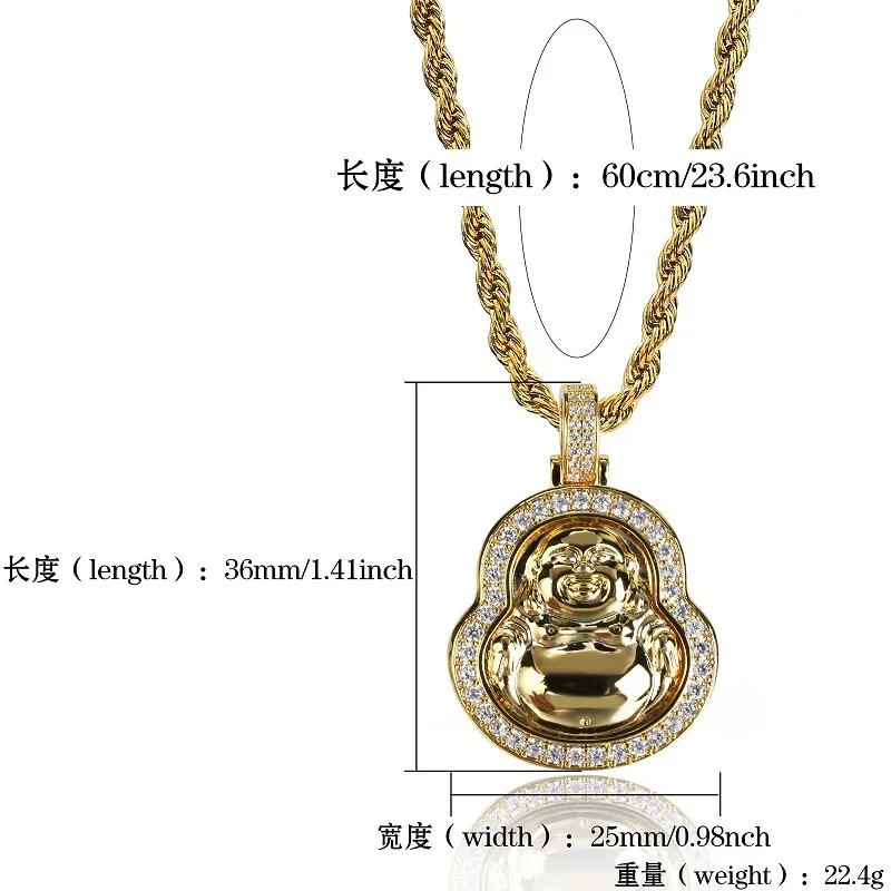 Gold Color Copper Maitreya Buddha Pendants Necklaces for Men Hip Hop AAA CZ Crystal Bling Ice Out Individuality Rapper Jewelry