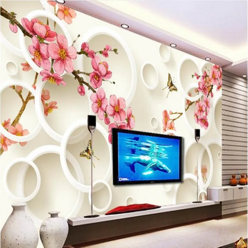 

wellyu Custom large fresco living room 3D Peach Blossom Plum circle TV background wall non - woven wallpaper papel de parede