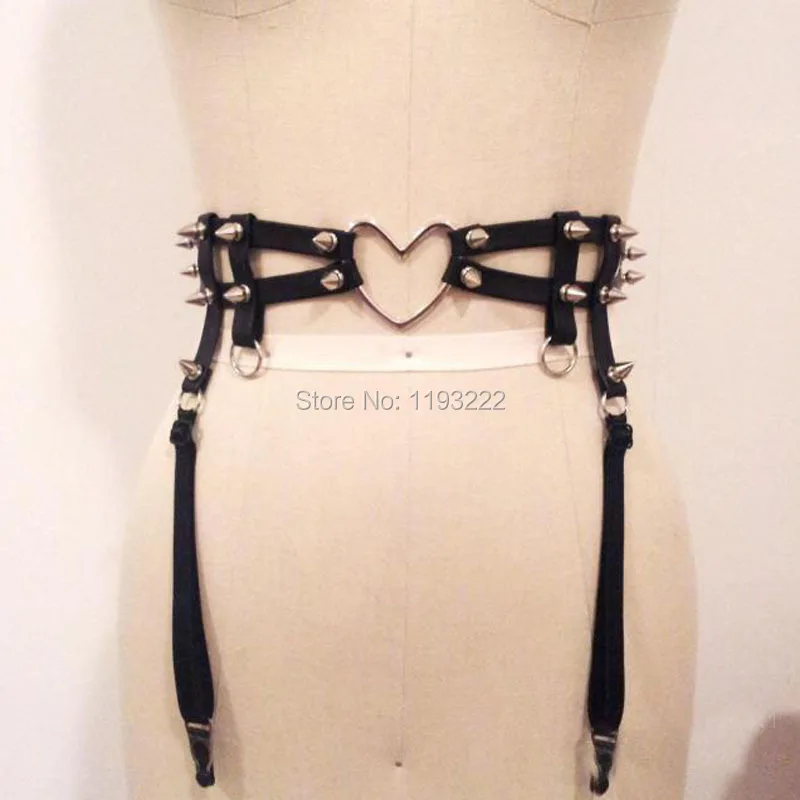 

Handmade Double Row Studded Leather Sweet heart Garter Belt Fashion Leather Waist Spikes Shaper Sculpting Harness