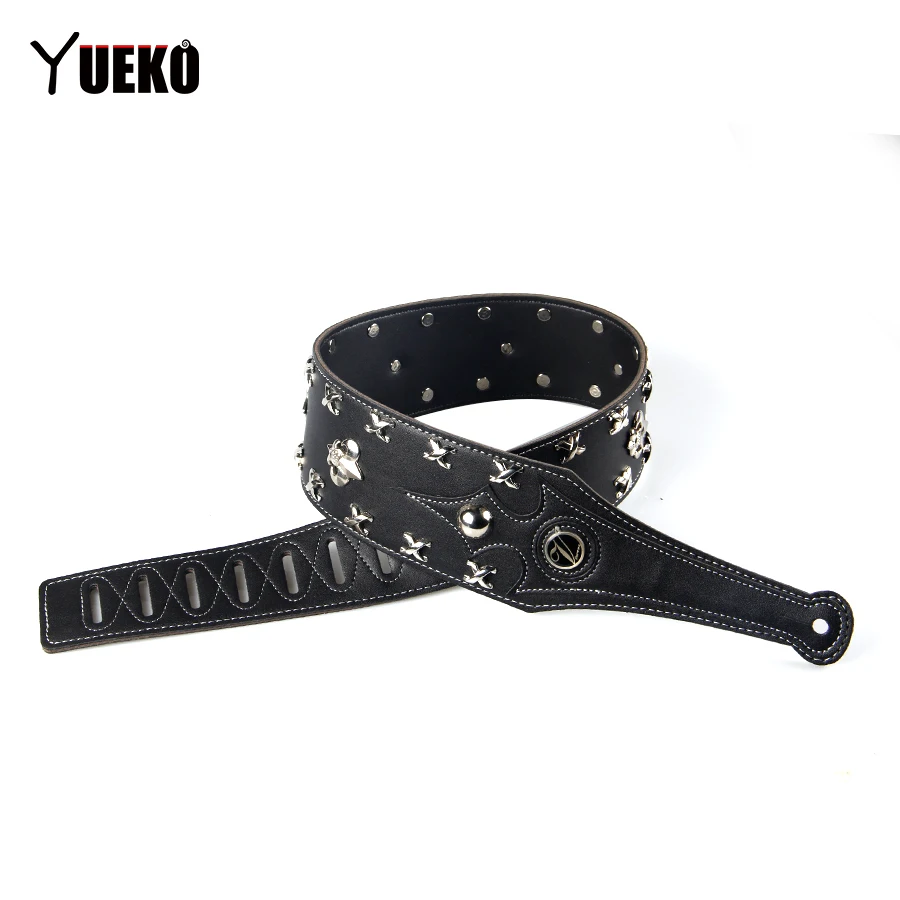 Black Genuine Leather Guitar Strap High Quality Durable  Strap For Acoustic Electric Guitar Bass Strap Inlaid with Metal Pattern