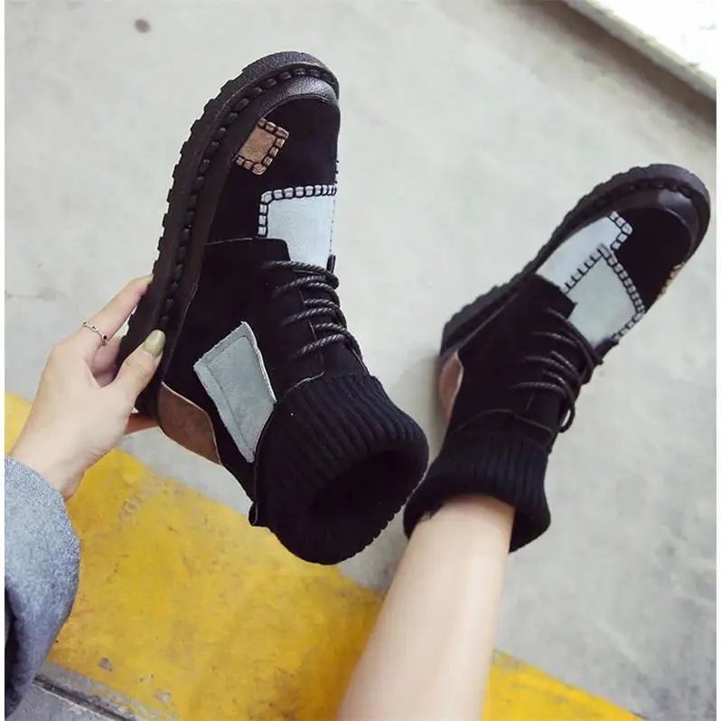 Autumn and Winter Women\'s High Top Boots Nubuck Plus Velvet Warm Casual Sneakers Round Toe Lace-Up Student Flat Boots