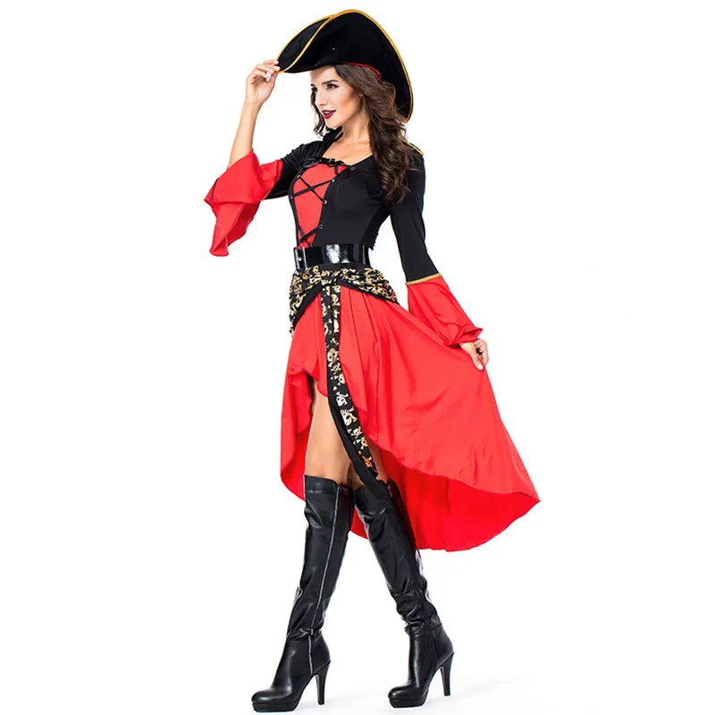 

Red Female Warrior Pirate Cosplay Woman Halloween Queen Costume Carnival Purim Parade Masquerade Nightclub Role Play Party Dress