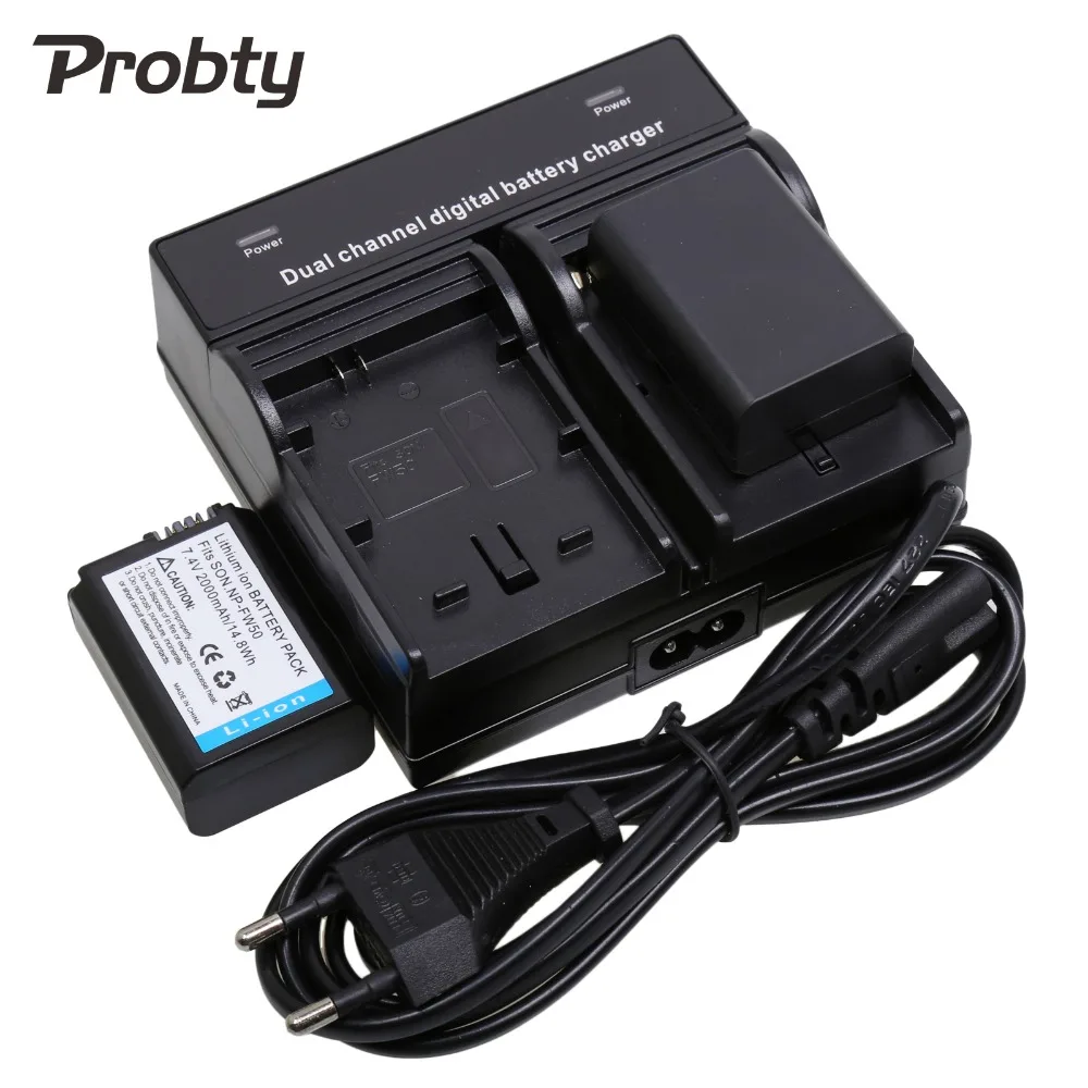 

PROBTY 2Pcs 2000mAh NP-FW50 FW50 NP FW50 camera battery + Dual Charger for Sony NEX-5 NEX-5A NEX-5C NEX-5D NEX-5DB Alpha 7R II