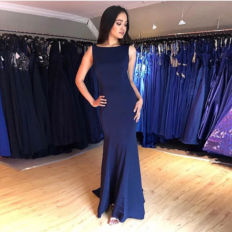 

Elegant Long Evening Dress Scoop Neck Navy Blue Mermaid Style Backless Vestido De Noite Trumpet Formal Evening Party Dresses New