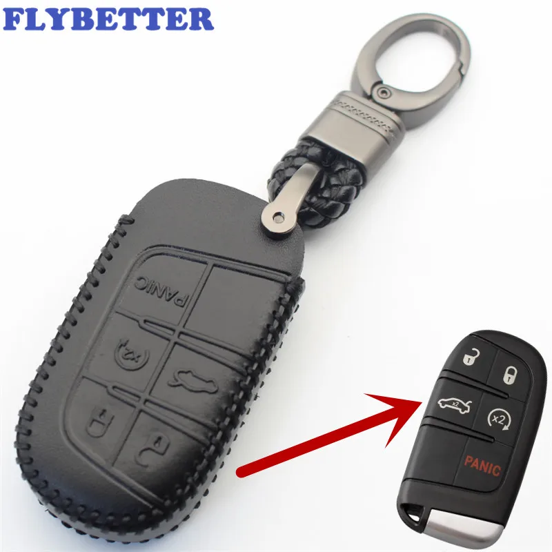 FLYBETTER Genuine Leather Keychain 5Button Key Case Cover For Jeep Grand Cheroke For Fiat For Chrysler 300 Car Styling (B) L361