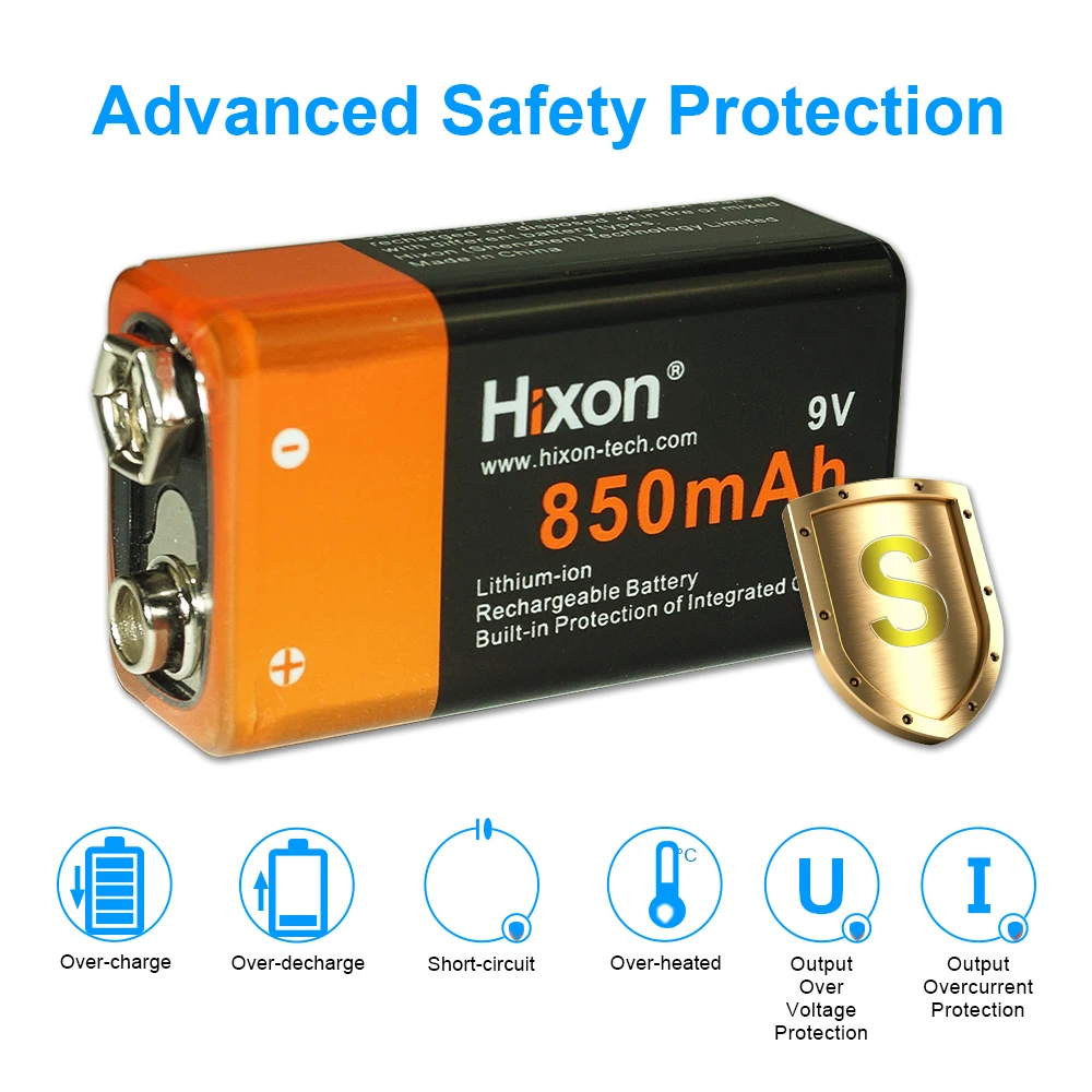 Hixon 2pcs 9V 6F22  850mAh Portected Rechargeable Li-ion Batteries and a Charger For Smoke Detector Multimeter Alarm System