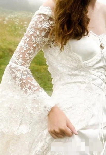 Gothic Celtic Wedding Dress Vintage Lace Bell Sleeve Lace Up Corset Medieval Bridal Gown Vintage Retro Bride 50's Gown image 2