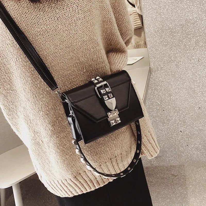 Ins Style Rivet Small Square Bag Female New Wide Shoulder Strap Female Bag Fashion Small Bag Shoulder Messenger Bag