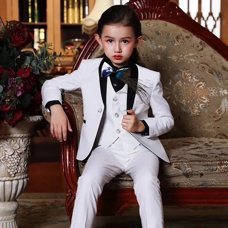 New Style Notched Lapel Girl Suits One Button Wedding Suits Children Party Tuxedos Girl Smoking blazer (jacket+pant+vest)