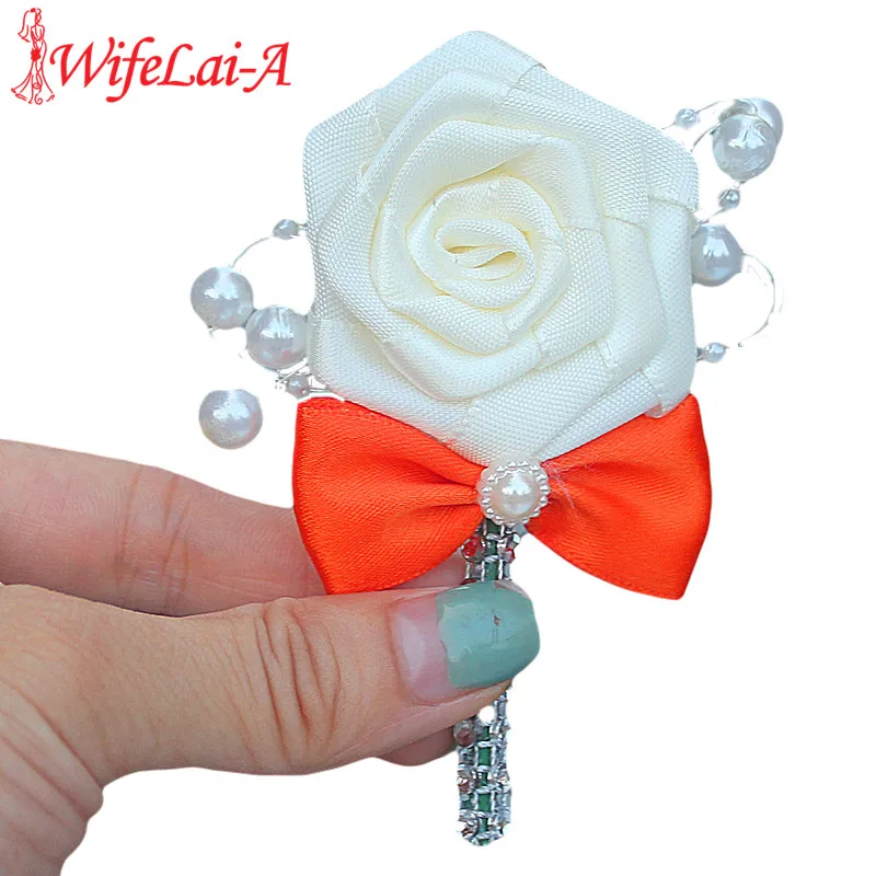 Groothandel Ivoor Rose Bloem Oranje Strikje Bruiloft Corsages Boutonniere Bruidegom Parel Mannen Bruiloft Bloemen Broche X8715