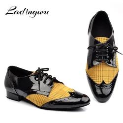 Ladingwu Men  Low-heeled Dance Shoes Latin Dance Shoes Men Salsa Tango Ballroom Dance Shoes PU and Flannel Yellow Blue Lattice