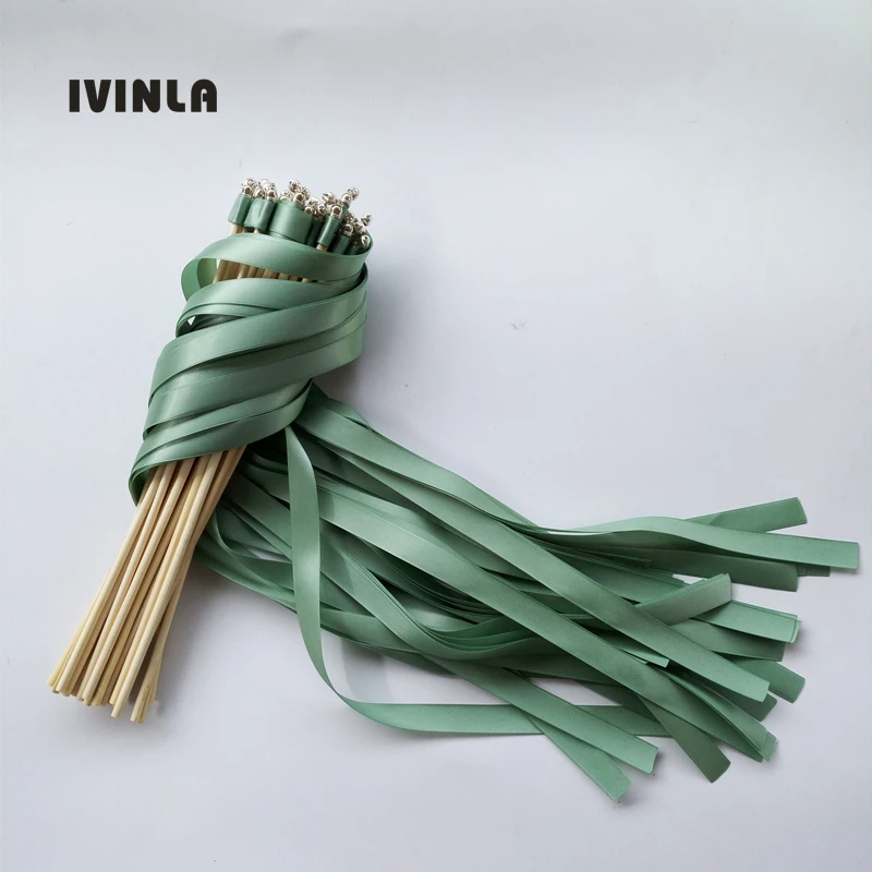 50pcs/lot  jade green  wedding ribbon stick With sliver Bells for wedding decoration