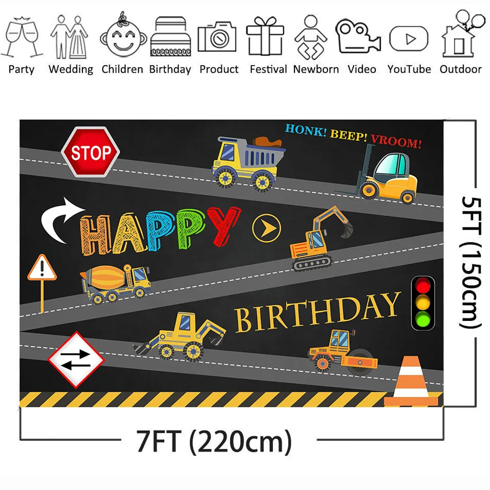  Construction Photography Backdrop 7x5ft Birthday Party Banner Background Dump Truck Digger Excavator Boy Kids Party Prop