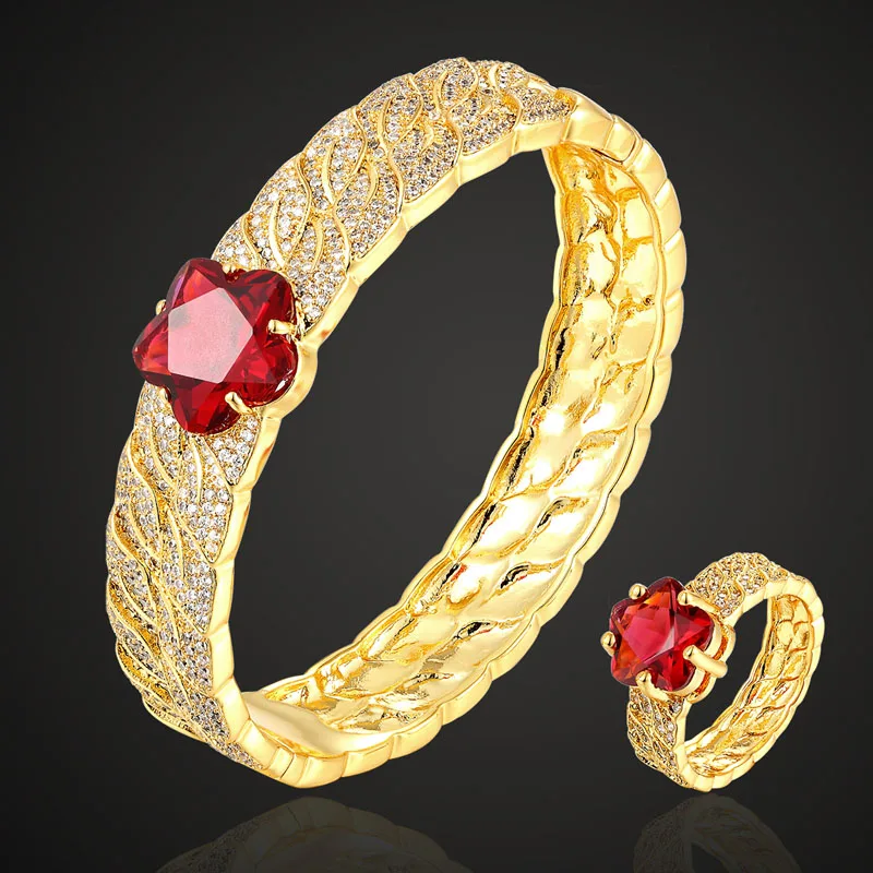 Zlxgirl brand Red color cubic zirconia flower bangle with ring jewelry set fashion women size copper pave setting bracelet sets